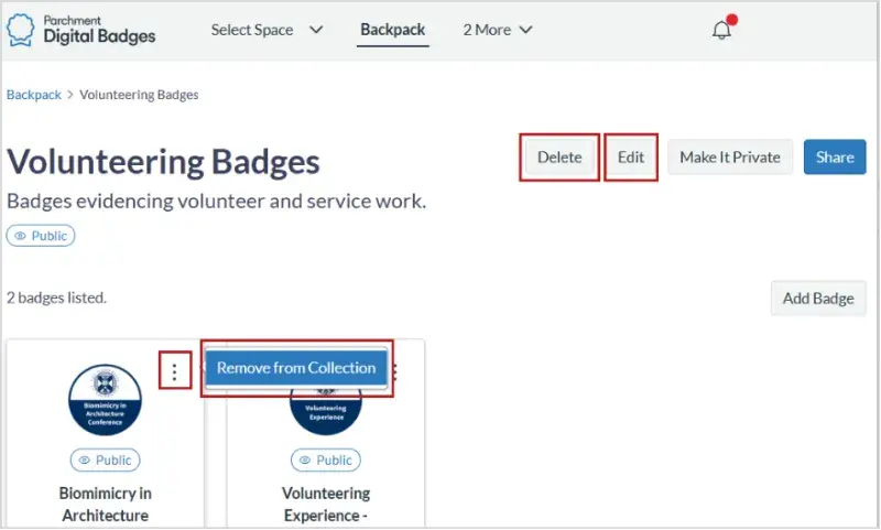 Screenshot showing a badge collection open with the delete and edit buttons circled in the top row of buttons.  On a badge itself, the three dots at the top right corner are circled, and the option to remove from collection is circled. 