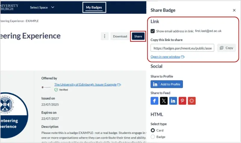 A screenshot with the My Badges tab circled. The Share button is circled. A share badge panel with several options is open on the right. The Link section at the top is circled. 