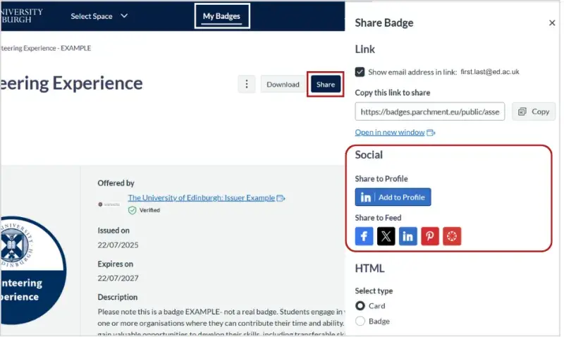 A screenshot with the My Badges tab circled. The Share button is circled. A share badge panel with several options is open on the right. The Social section is circled. 