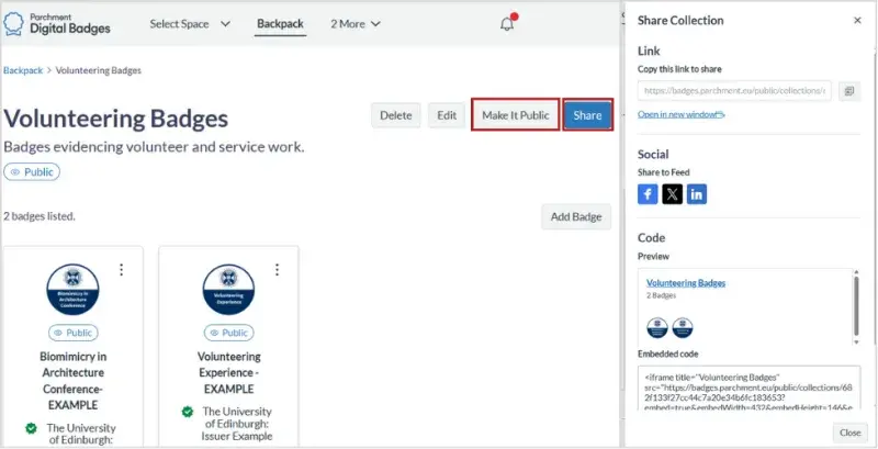 Screenshot of an open badge collection in the Backpack of the personal account space. There are five buttons: Delete, Edit, Make it Public (circled), Share (circled), and Add Badge. To the right a Share Collection panel is open with options to share by URL link, social media feeds, and embed code. 