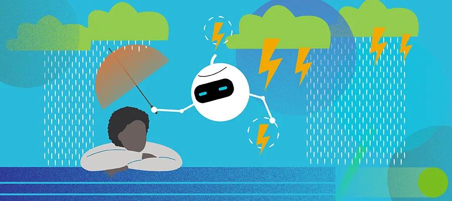 Illustration of an AI bot surrounded by lightning and raining clouds holding an umbrella over a sad looking person 