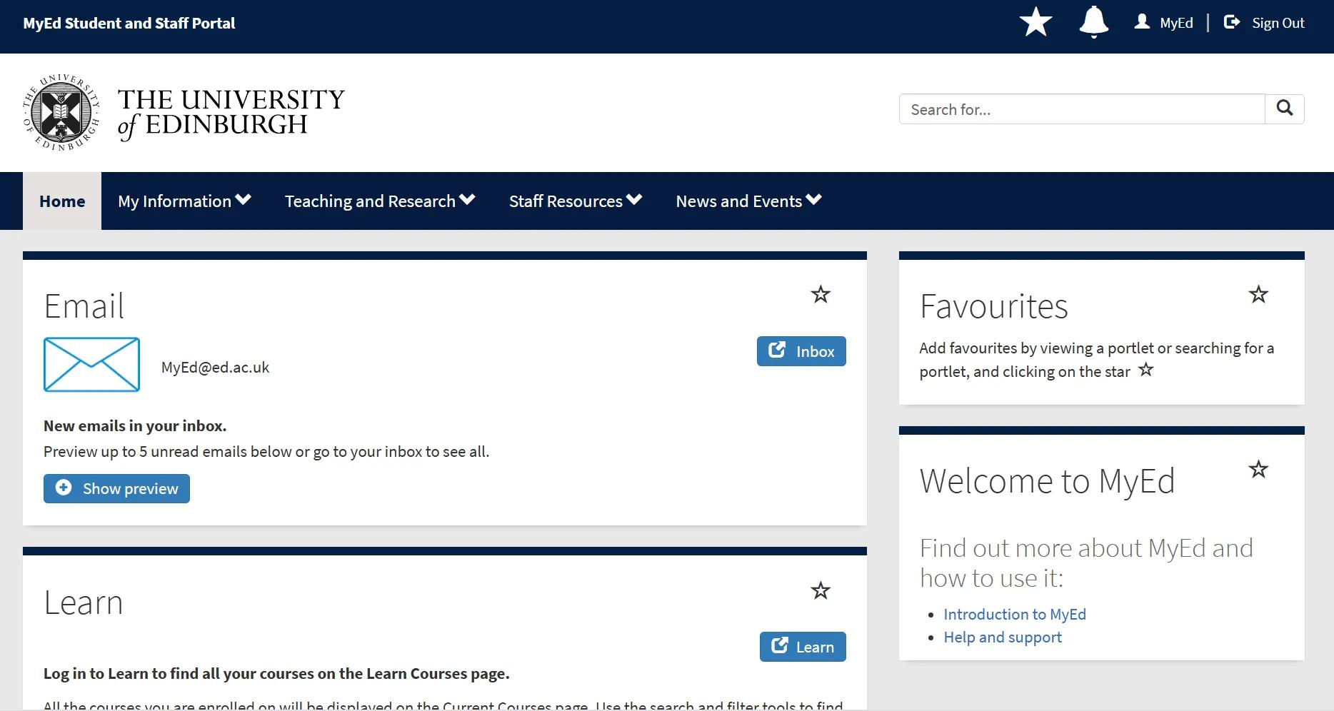Image of Myed portal's homepage for staff 