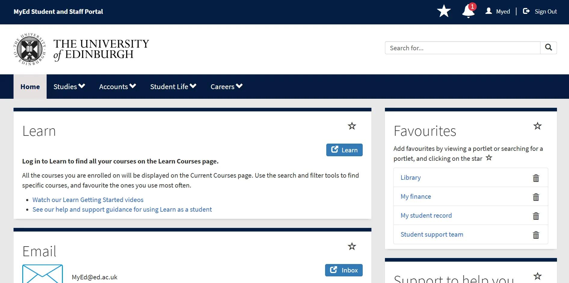 MyEd's homepage for students