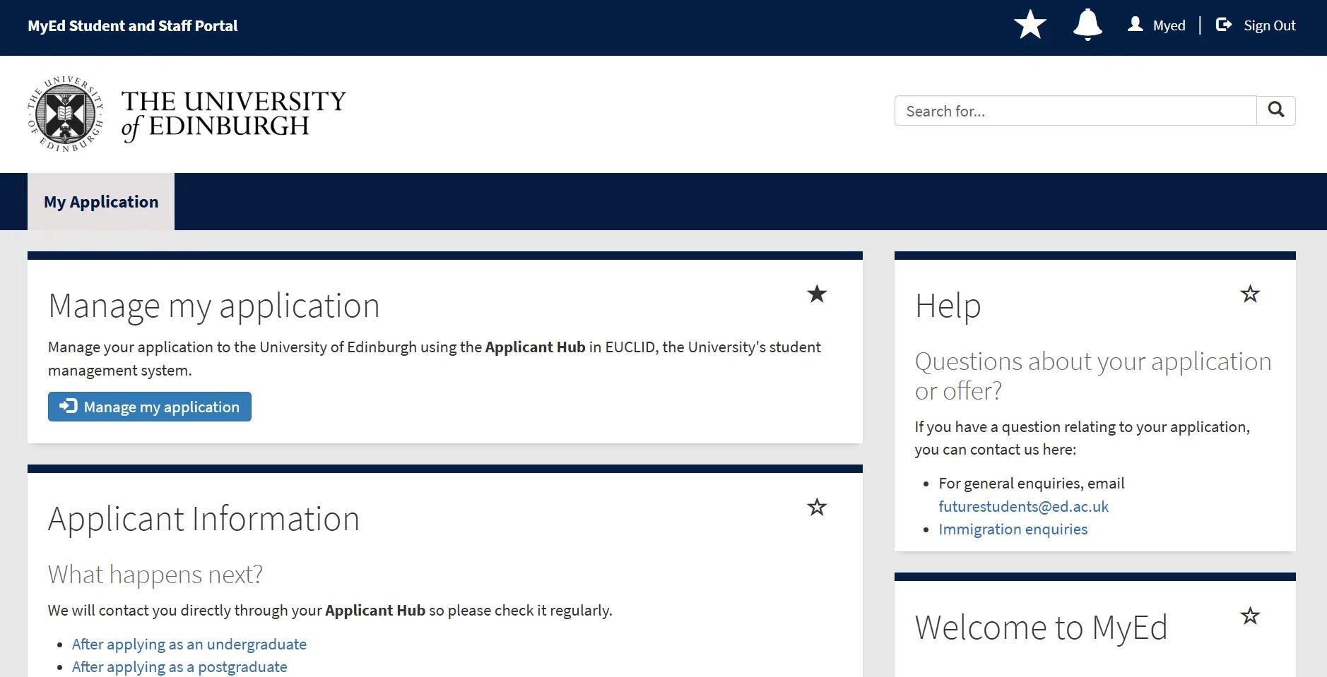 MyEd's homepage for applicants 