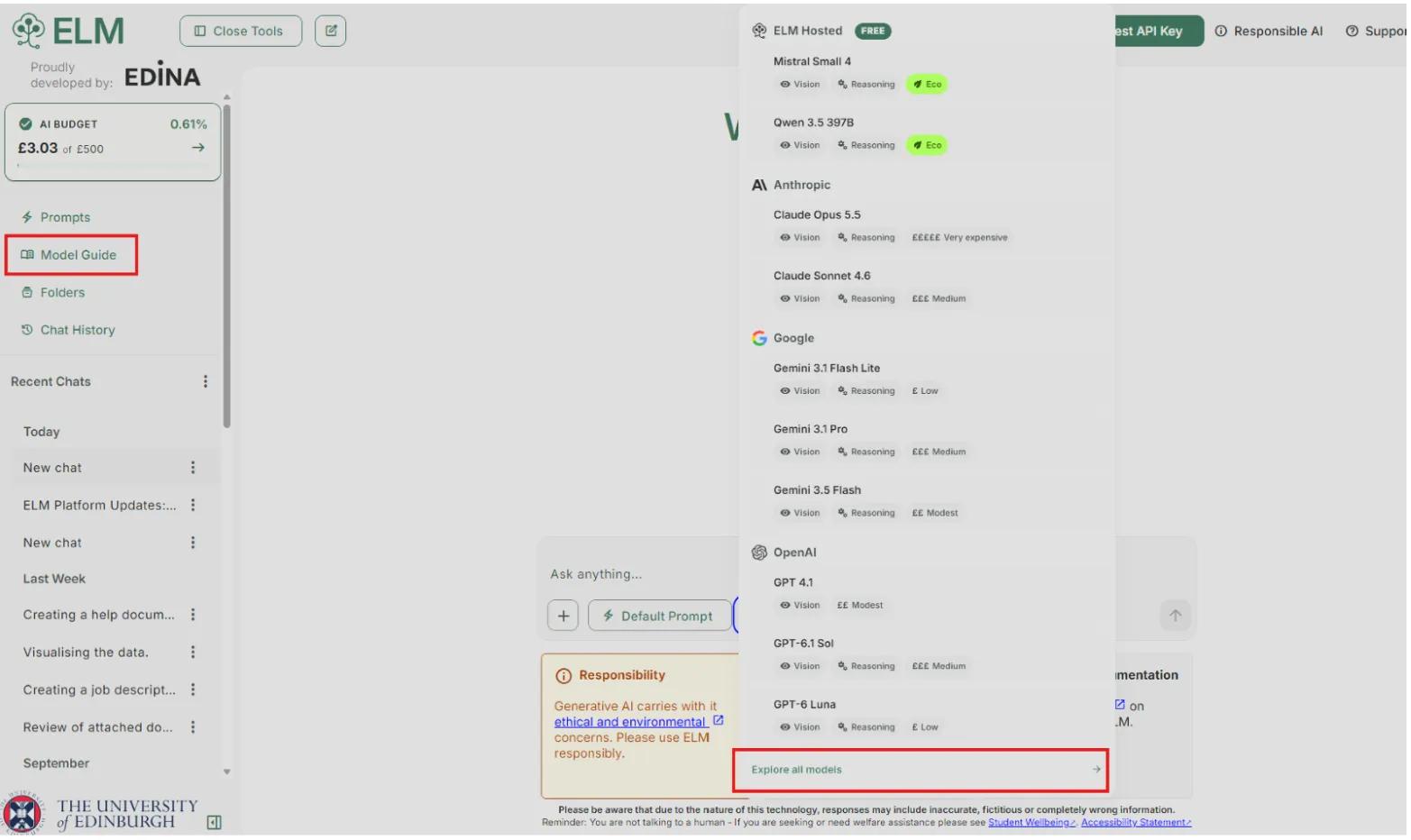 ELM interface highlighting the Model Guide on the left and opening the different models on bottom
