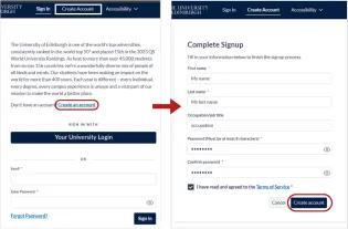 Screenshot showing Canvas Credentials login page with Create a new account circled. An arrow indicates the next screenshot, which has signup information such as name and password, with a create account button at the bottom circled. 