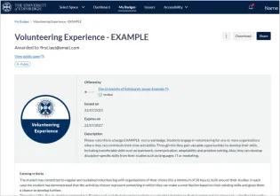 Screenshot of a badge information page showing the badge's name, issuer, issue and expiry dates, short description, earning criteria and more. 