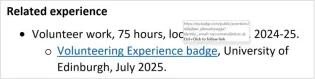 Screenshot showing the name of the badge hyperlinked in a CV. In this case, it's a volunteering badge listed under the heading related experience. 