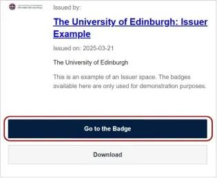 Screenshot showing new badge email with two buttons at the bottom of the page, one to go to the badge and one to download the badge. 
