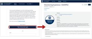 Screenshot showing Your University Login circled on the left and on the right an example of a badge information page including things like expiry date, earning criteria, assessment, etc. 