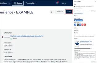 Screenshot showing a badge information page with the Share button circled. A panel to the right shows options for sharing by link, social media and html. 