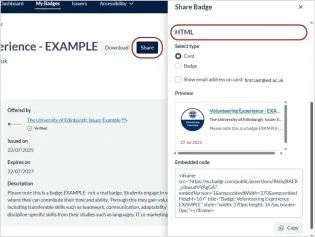 Screenshot of badge sharing panel showing the HTML section circled. There are radio buttons to select card or badge type images, and a tickbox for showing the email address. Beneath this is a preview of the image, followed by the embed code and a copy button.  