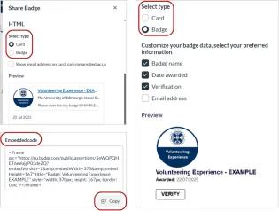 Screenshot showing badge sharing options for html, including the card type and preview, the badge type and preview. The embedded code box has the title circled and the copy button circled. 