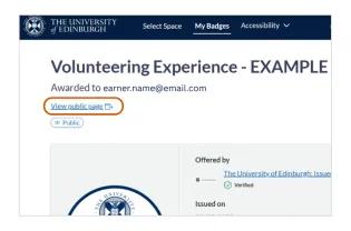 Screenshot of a badge information page with View Public Page circled. 