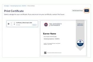 Screenshot of a digital badge print certificate preview, with the print button circled. To the left of the print button, there is an edit recipient name button. 