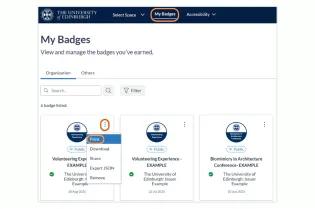 Screenshot showing My Badges tab circled. For the first badge the three dots are circled and a menu shows more options. The first option, Print, is circled.. 
