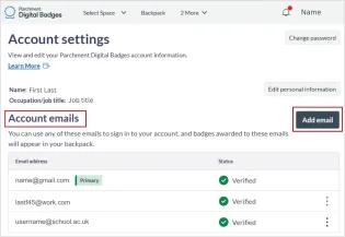 Screenshot showing Account emails section with add email circled. Emails shown include name@gmail.com, lstf45@work.com, and username@school.ac.uk. 