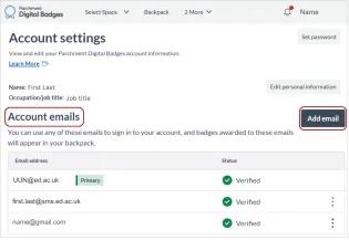 Screenshot of the Account Settings page with the first heading, Account Emails, circled. A button to the right of the heading says Add Email and is circled. Below the heading, Three emails appear in a list ( a mix of personal, work and school emails). The first is flagged as the primary email, and all three emails have a verified indicator in the status. 