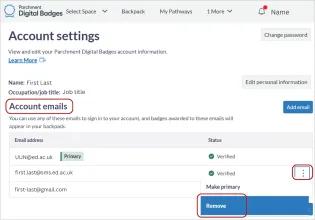 Screenshot of the Account Emails section of the Account settings. There is a list of 3 emails (school, work and personal). The more options (three dots) menu is circled and its dropdown menu is open. The choices in the dropdown menu are Make Primary and Remove. Remove is highlighted and circled. 