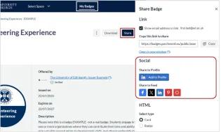 A screenshot with the My Badges tab circled. The Share button is circled. A share badge panel with several options is open on the right. The Social section is circled. 
