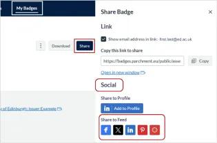 A screenshot with the My Badges tab circled. The Share button is circled. A share badge panel with several options is open on the right. The Social section is circled. The Share to feed options are circled. there are 5 buttons with icons left to right for Facebook, X, Linkedin, Pinterest and Canva.   
