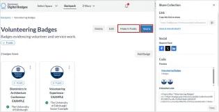 Screenshot of an open badge collection in the Backpack of the personal account space. There are five buttons: Delete, Edit, Make it Public (circled), Share (circled), and Add Badge. To the right a Share Collection panel is open with options to share by URL link, social media feeds, and embed code. 