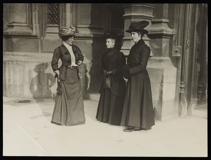 Photograph of Frances Simson, Chrystal MacMillan and Frances Melville outside the House of Lords. November 1908