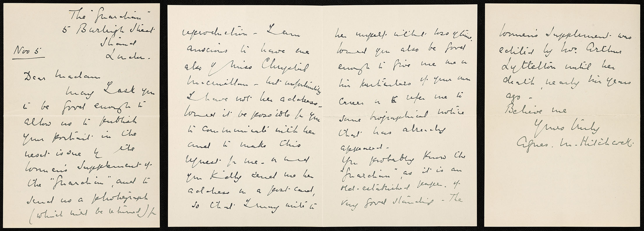 Letter from Guardian journalist Agnes M. Hitchcock