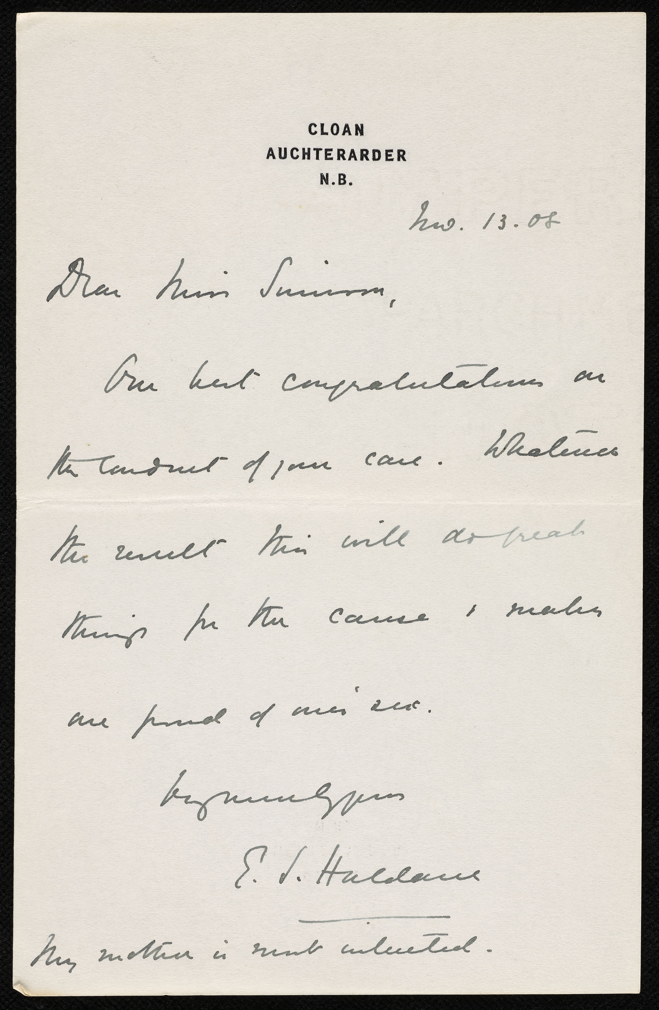 Letter from E. J Haldane to Frances Simson