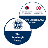 Example digital badges templates, circle half navy blue and half white, UoE logo alone or UoE logo with programme logo