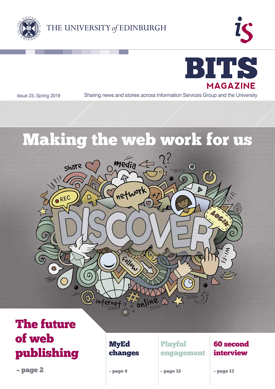 BITS issue 23 cover - 'Making the web work for us' illustration depicting the words discover, network, login, online and share.