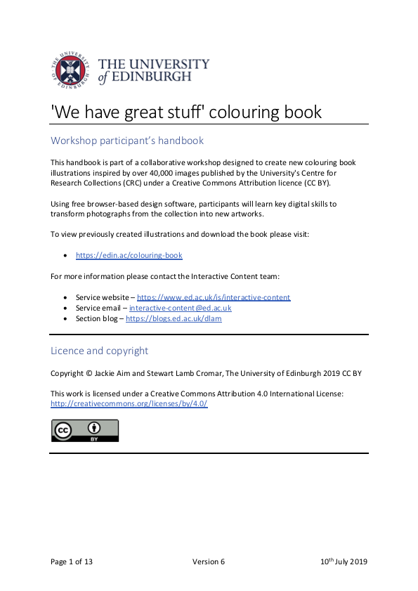 Screengrab of first page in handbook, includes University and Creative Commons logos