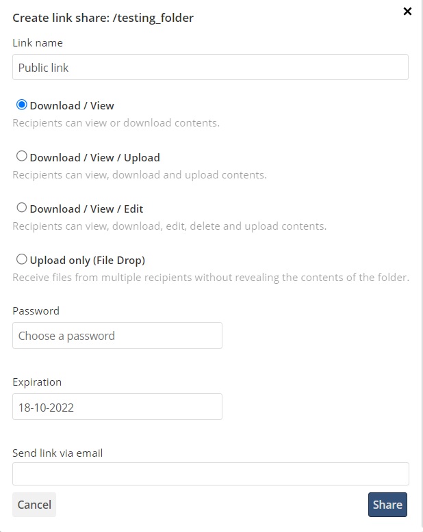 Screenshot showing DataSync public sharing options