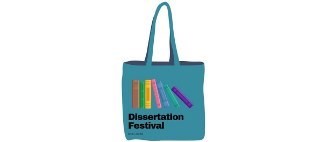 The logo for the 2022 Dissertation Festival, a light blue tote bag against a white background. The tote bag has images of books on it and the words \"Dissertation Festival\"