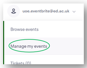 Eventbrite 'Manage my events' menu