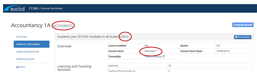 EUCLID course delivery instance information