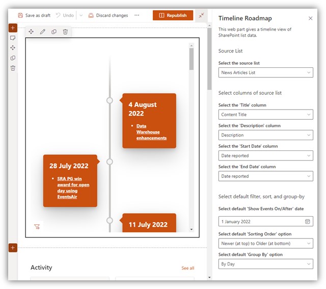 A screenshot of Don Stuckey's SharePoint timeline web part in configuration mode