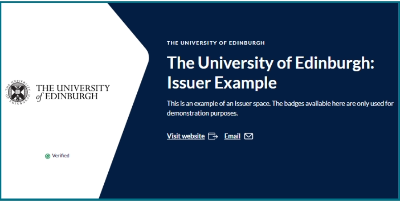 Screenshot of an example issuer space with the University logo on a white and dark blue geometric field. 