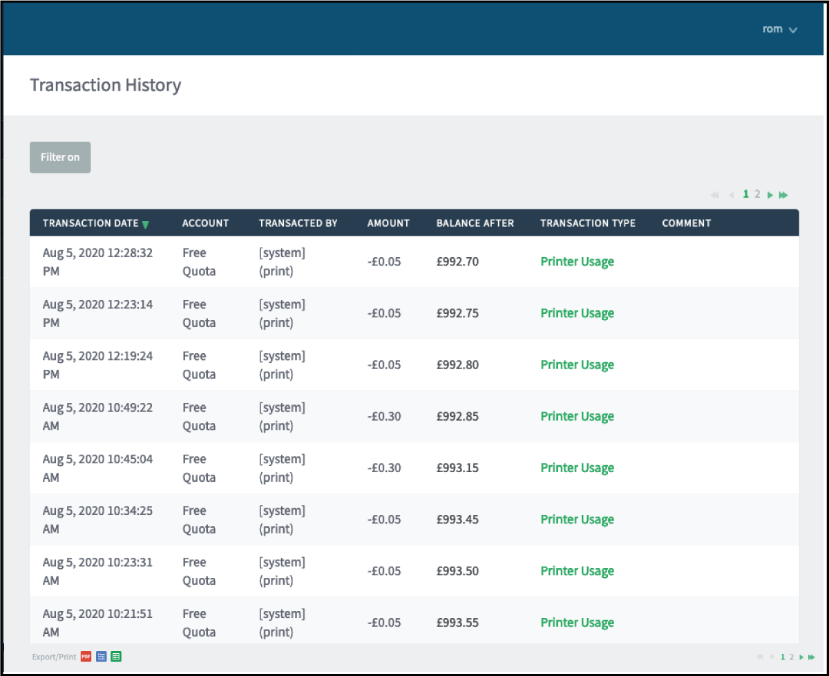 myprint transaction history