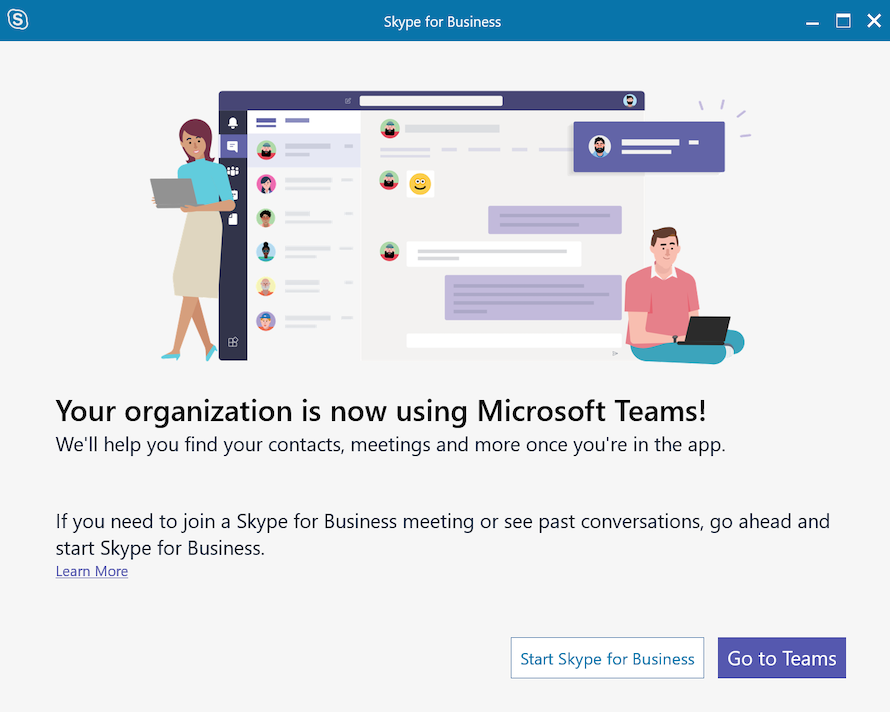 Image of new Skype for business window when user opens Skype