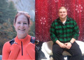 On the left an image of Maria Geffers with a forest background, on the right an image of Sam Hillman sitting on a white chair against a red background