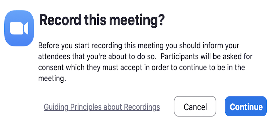 Image of the start recording notification in Zoom