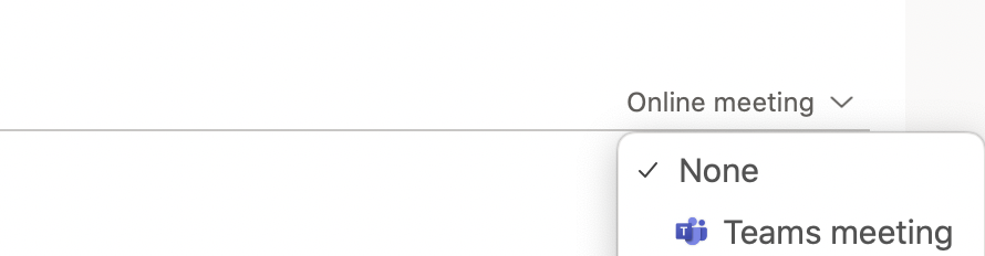 Image of the online meeting option in Outlook showing only Teams