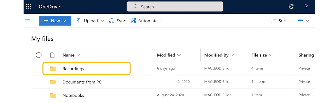 Image showing a user's OneDrive with the recordings folder highlighted