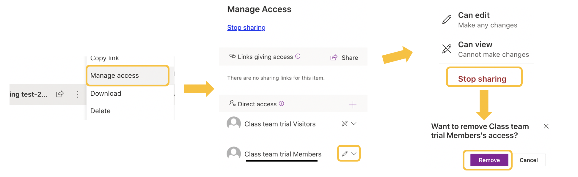 Image showing a user selecting manage access, and selecting to stop sharing the recording with team members