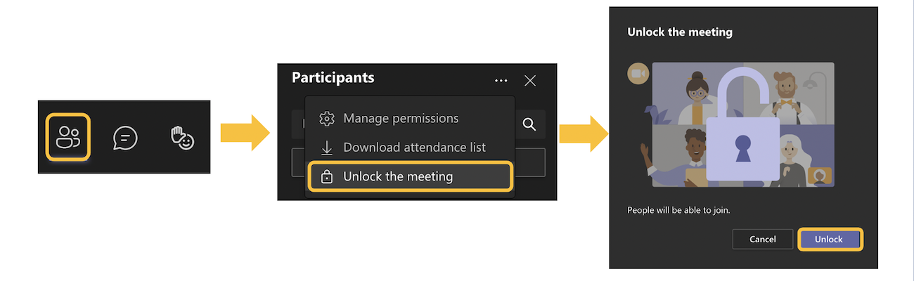 Image showing a user in a teams meeting, clicking participants, then more actions, then unlock your meeting