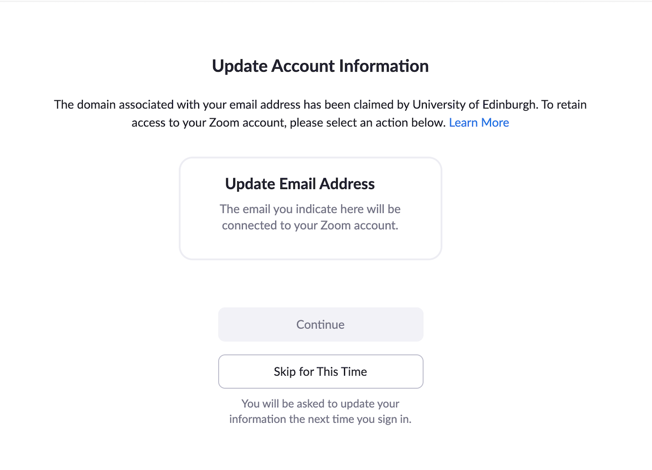 Prompt to change other zoom account email, showing an option to select to update email and an option to skip 