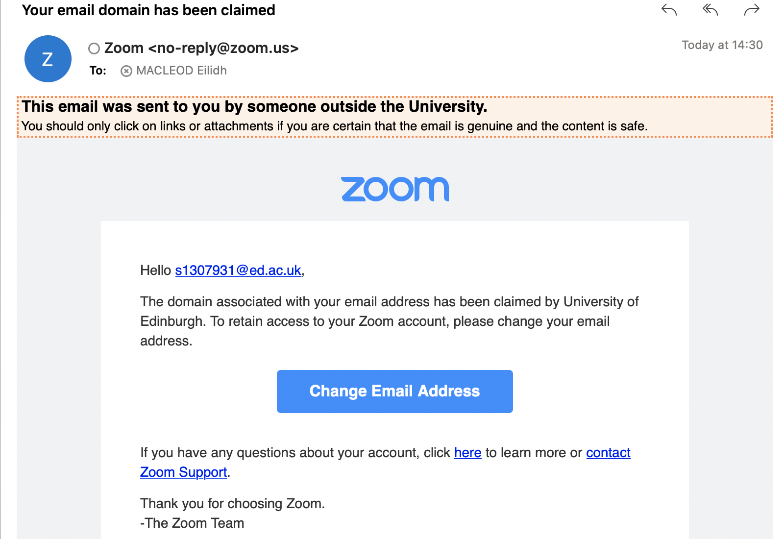 Image showing a prompt email sent from Zoom to users with an additional zoom account, including a button to change email address