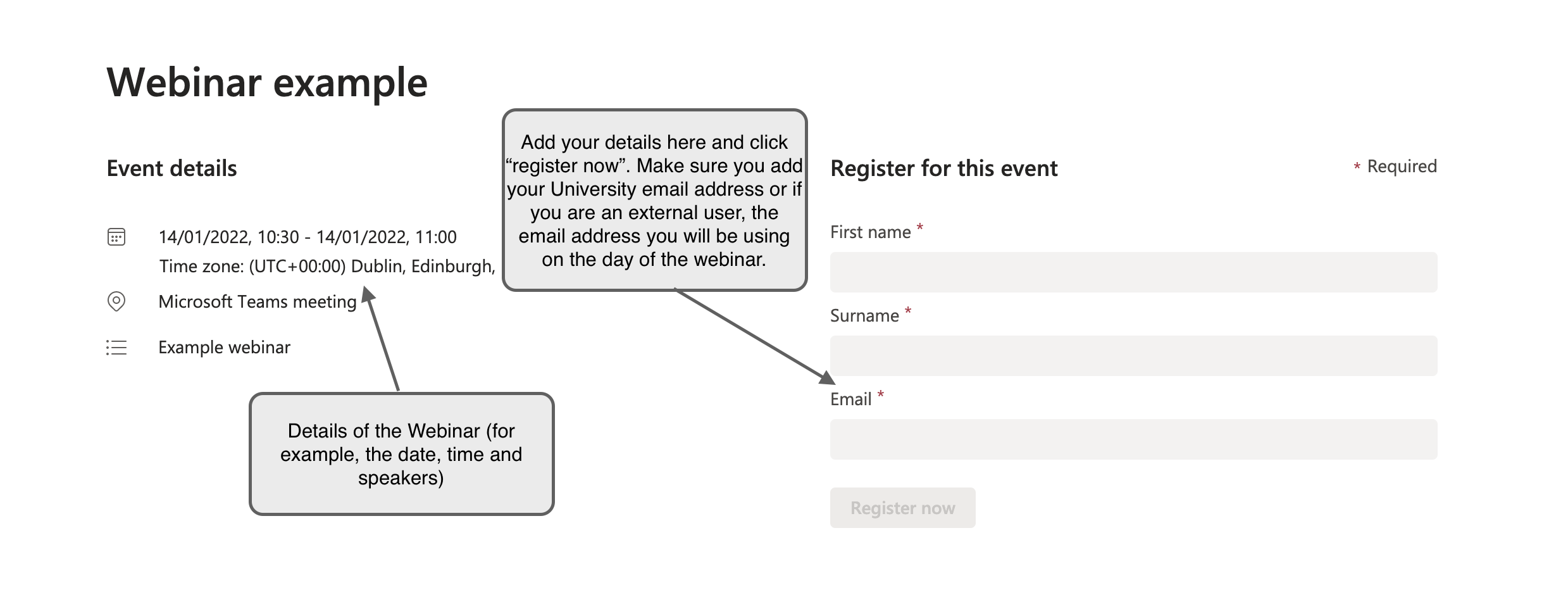 Image of the teams webinar registration page with notes showing the details of the event and showing where to add your details