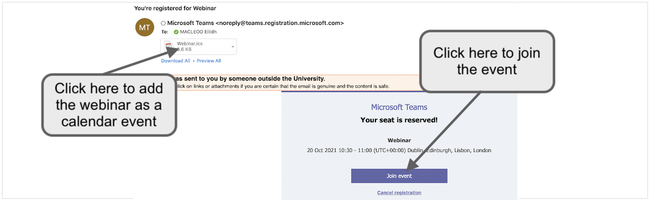 Image of the confirmation email send from Microsoft after registering for a Teams Webinar 